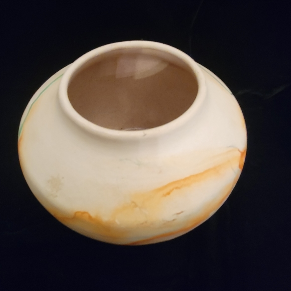 Nemadji Pottery Art Pottery Vase - Green Brown And Orange Swirl Tones - Signed - Picture 3 of 6